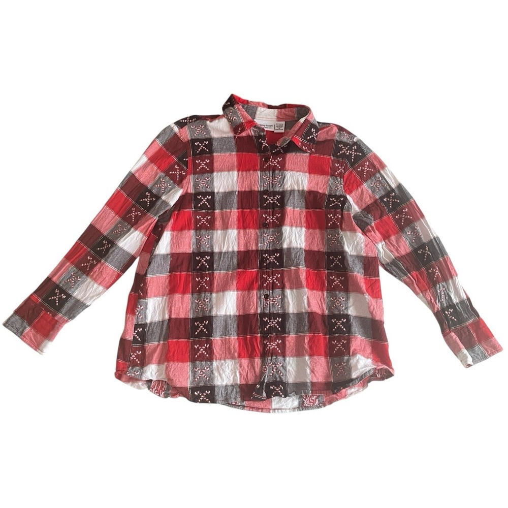 Country‎ Store Women's Size 1X Candy Cane Button Up Red White Holiday Cotton